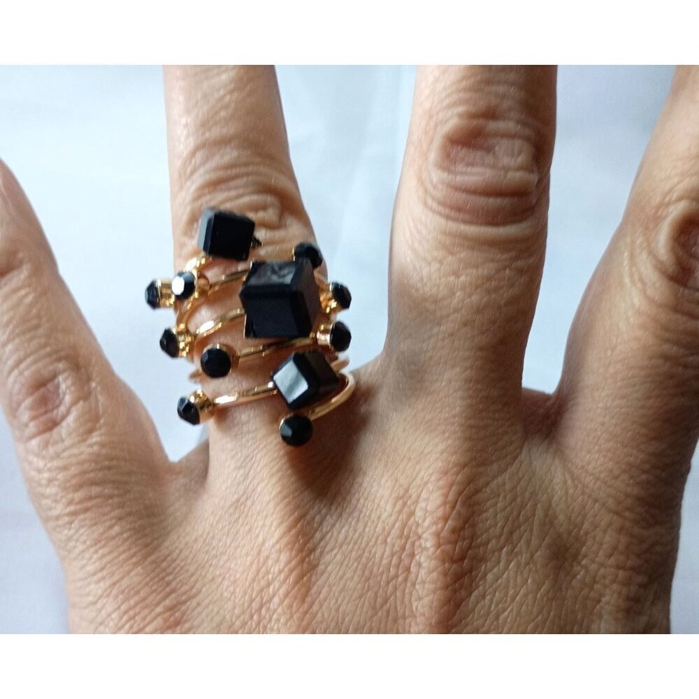 Gold Black Statement Ring Size 8 Simulated Stone Spiral Wrap Bold Jewelry